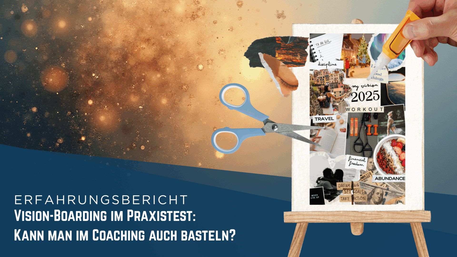 Collage zum Vision-Boarding mit Schere, Kleber und visuellen Elementen auf einer Leinwand – Symbolbild für kreative Coachingmethoden.